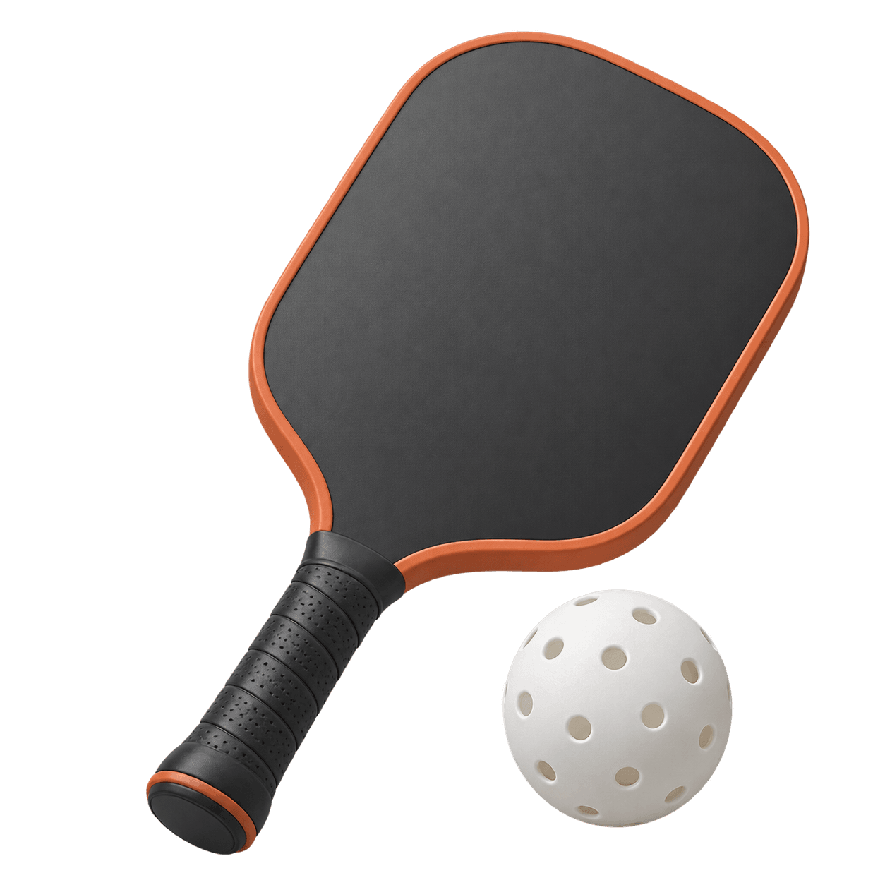 An orange-edged pickleball paddle and a perforated ball