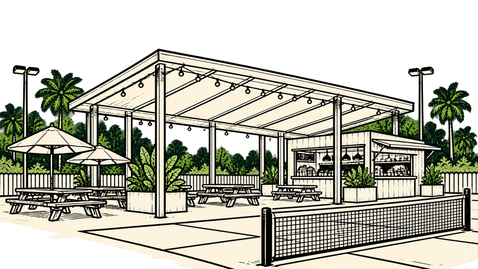 Pop & Paddle’s covered pavilion, Courtside food counter, and pickleball court