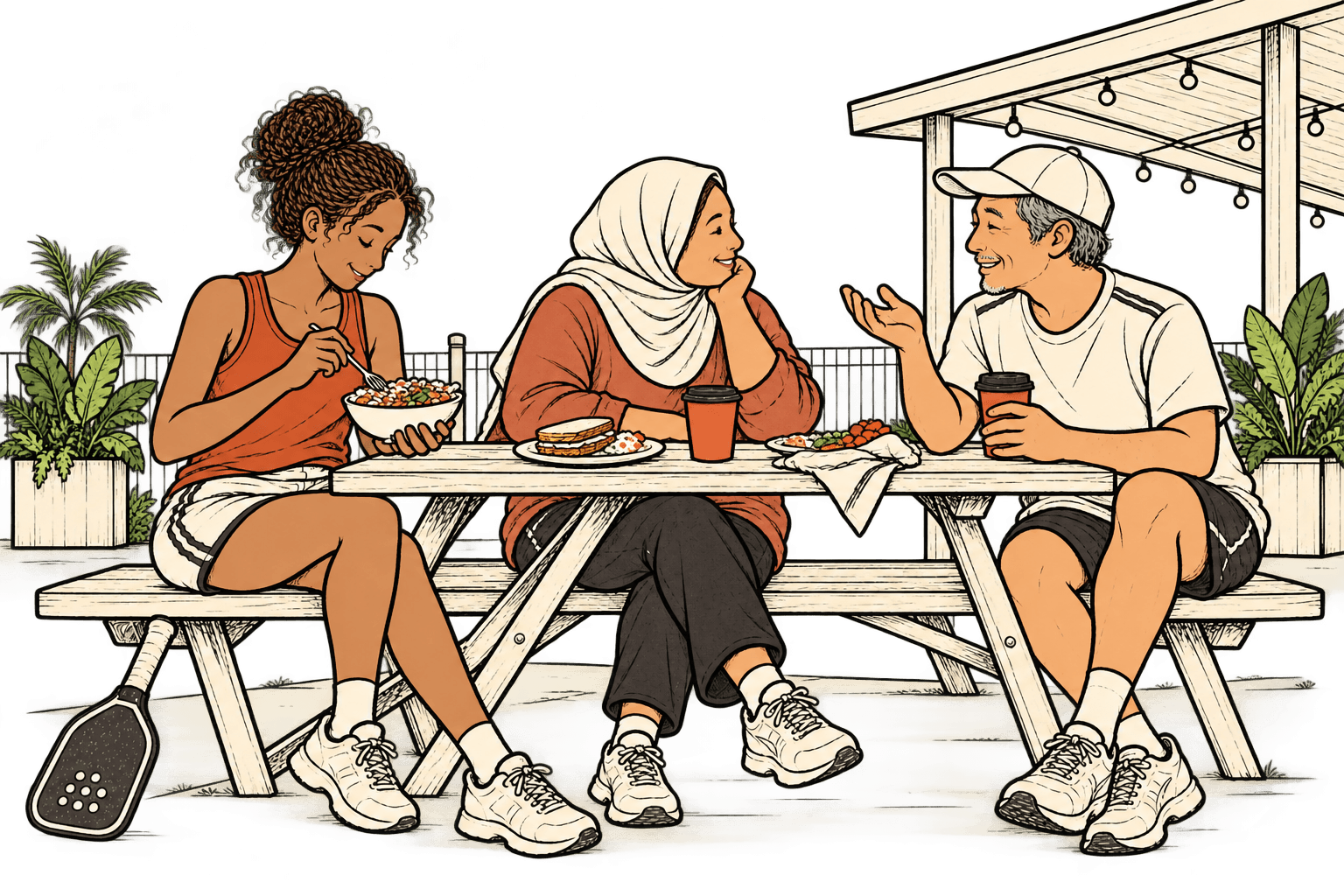 Illustration of three friends smiling over food and drinks at a picnic table under a covered terrace